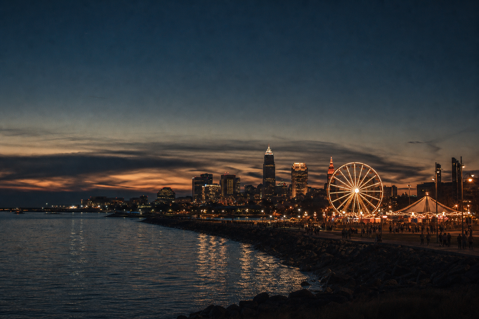 Cleveland waterfront at dusk with the Ferris wheel