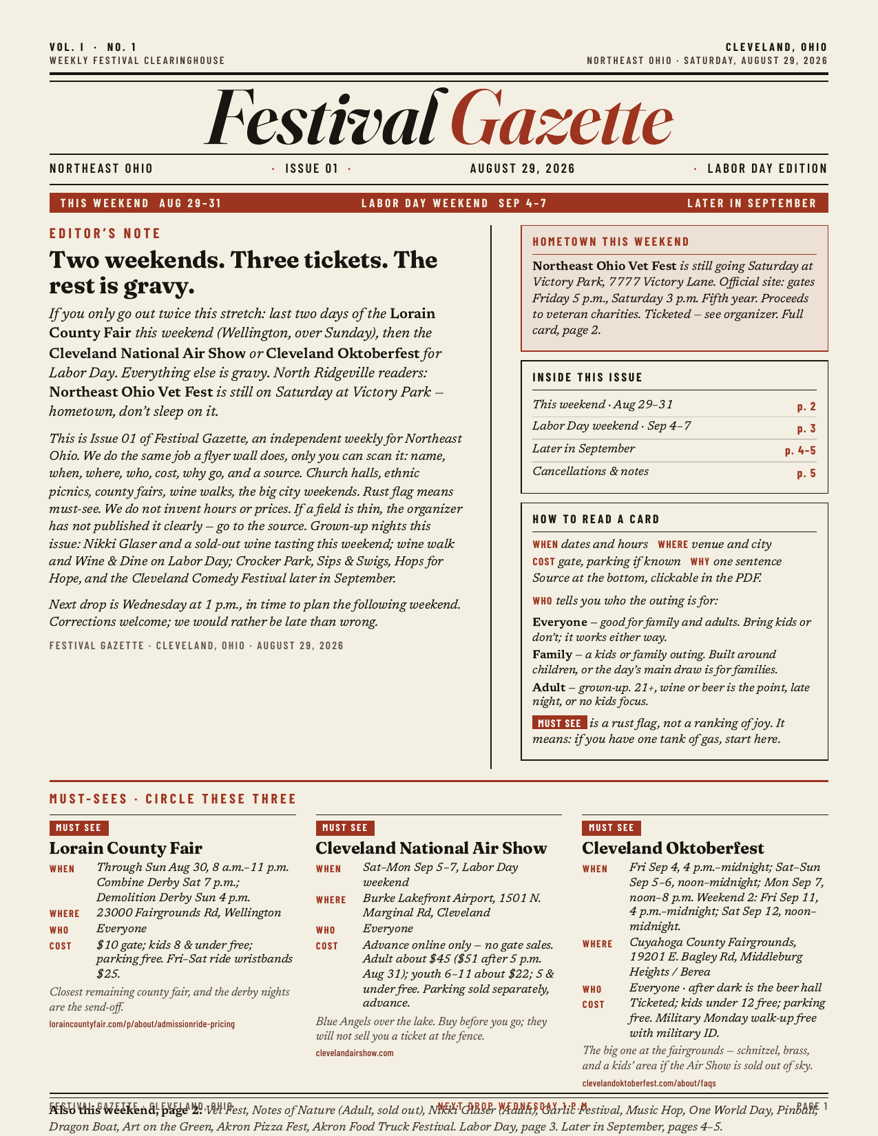 Festival Gazette Issue 01, Labor Day 2026, Cleveland front page